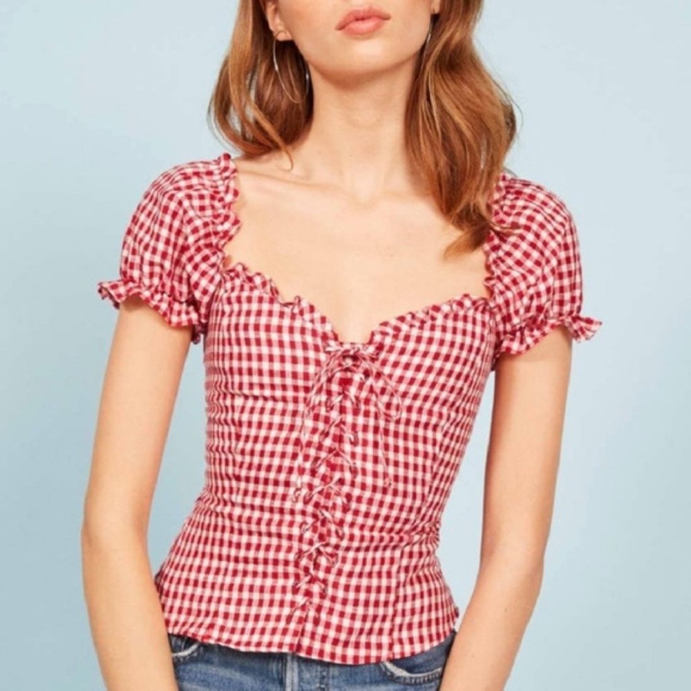 Reformation Cassidy Gingham Ruffle Top NWOT